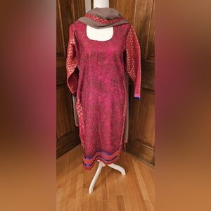 Pink Embroidered Long Sleeve Churidar Suit